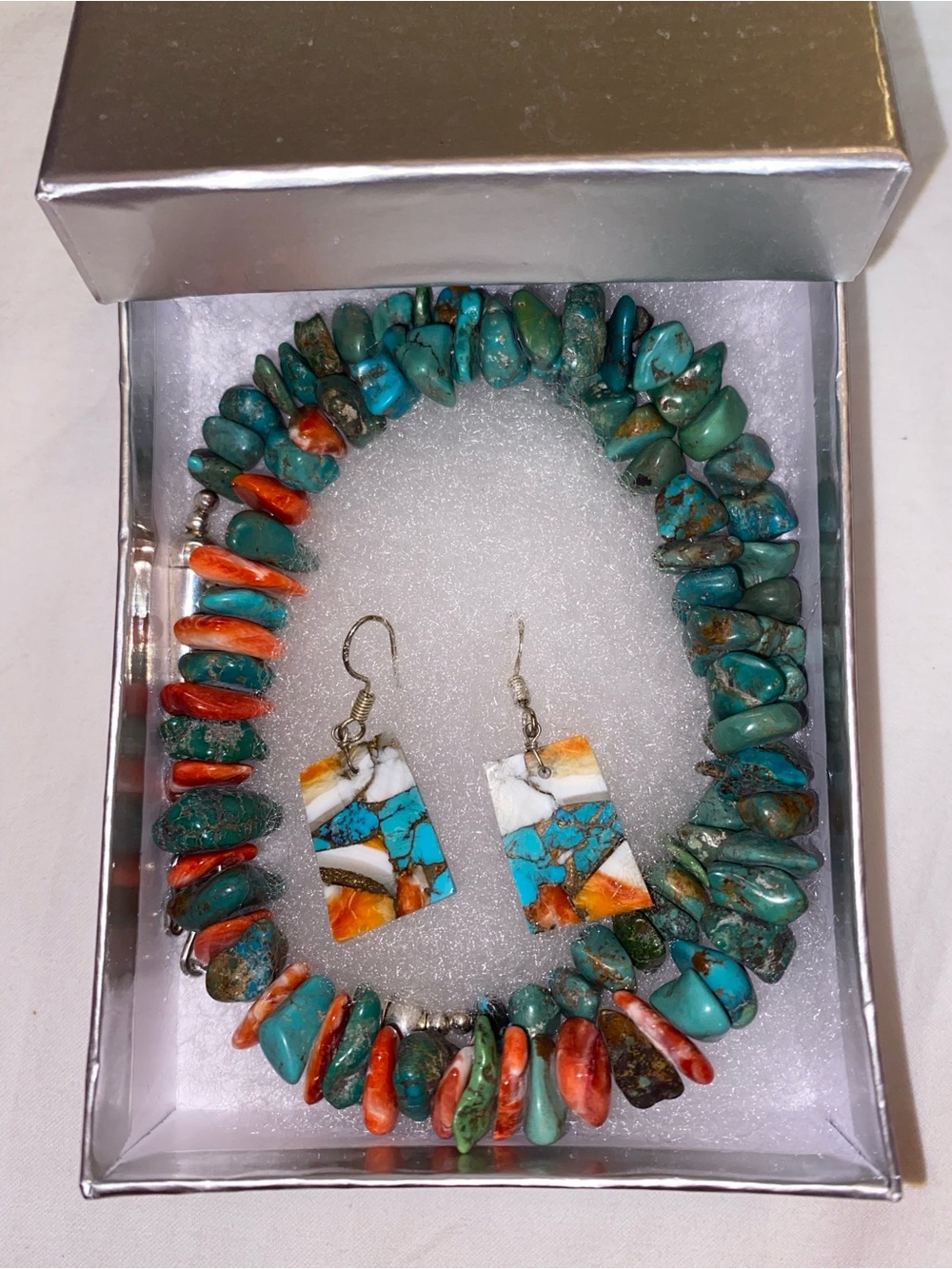 Turquoise and Coral Stone Bead Necklace with Matching Earrings - Picture 6 of 7